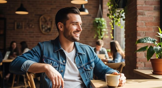 Smiling man in denim jacket enjoying coffee at a cafe.