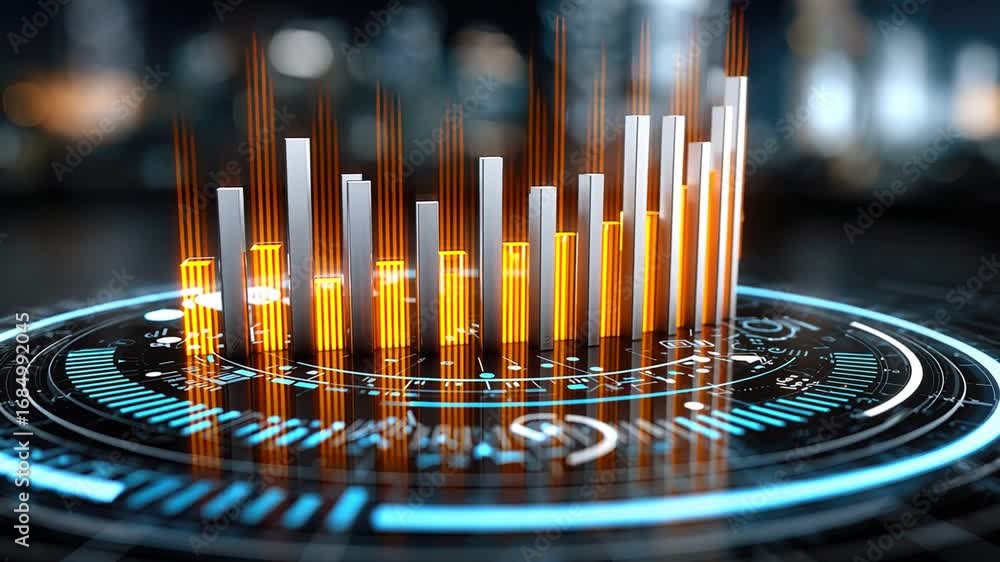 Poster a futuristic data visualization with glowing bar graphs, highlighting analytics and trends. the dyna