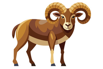 Stylized Illustration of a Brown Ram with Curled Horns Standing on a White Background in Cartoonish Style