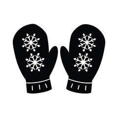 Black and White Winter Mittens with Snowflake Design: Simple, Flat Icon Graphic