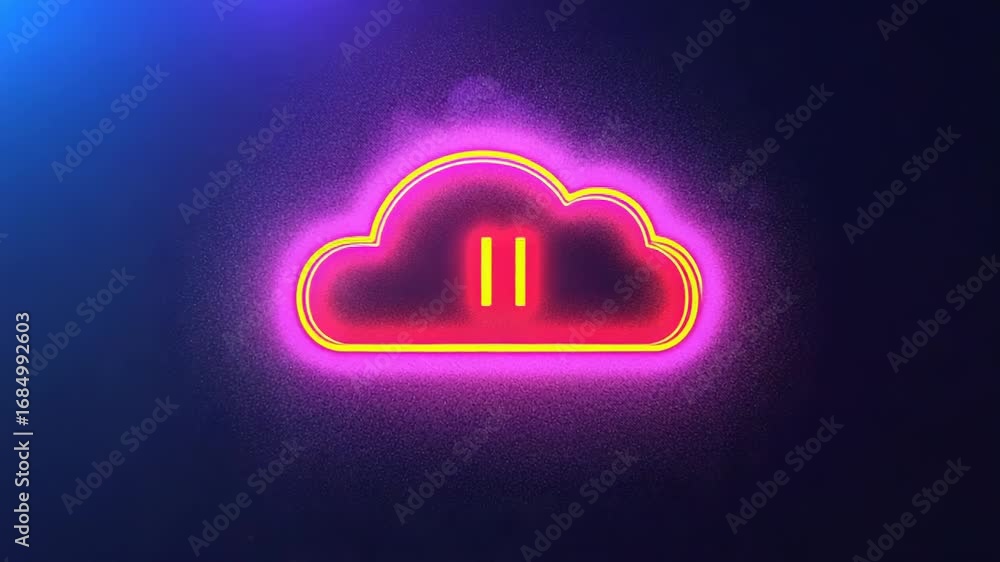 Poster neon cloud pause button glowing on dark background