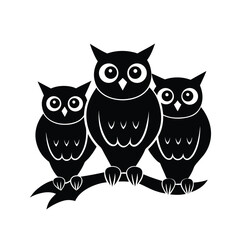 Three Cute Owls Perched on Branch: Black and White Silhouette Illustration