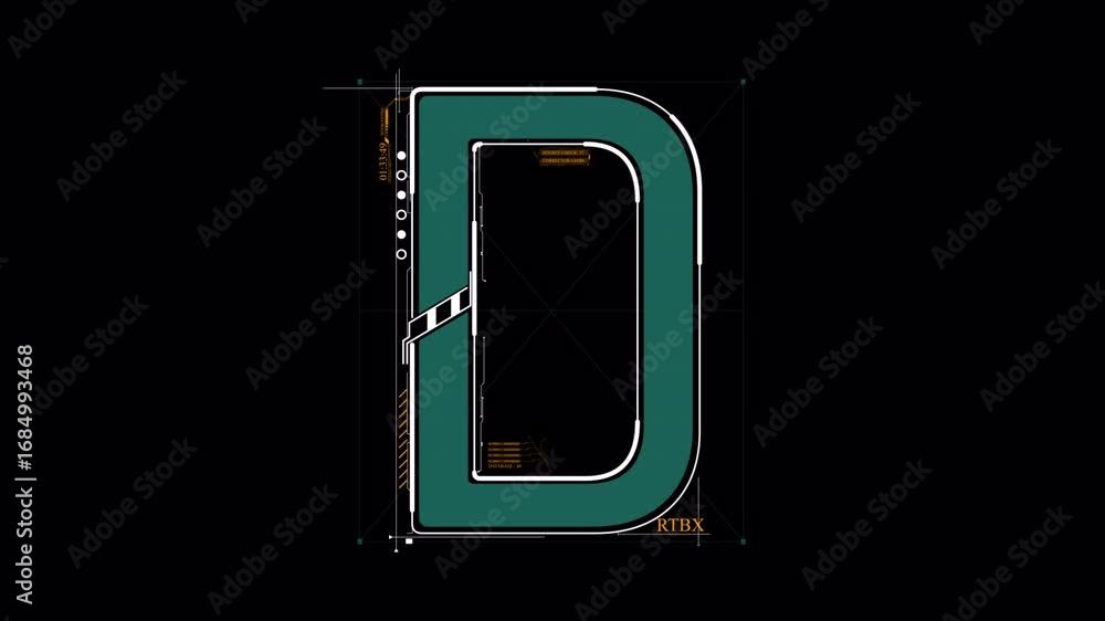 Poster dynamic sci-fi letter d reveal with animated hud and technical interface graphics