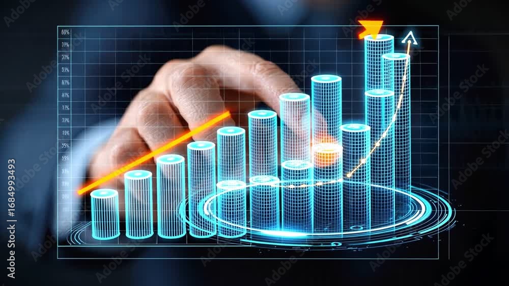 Poster a hand reaching out to interact with a digital graph, symbolizing growth and progress in business an