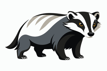 Cartoon Badger with Black and White Stripes Standing Alertly on a White Background, Vector Illustration for Kids and Nature Enthusiasts