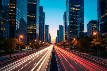 Obraz premium Night traffic in downtown city lights and skyscrapers