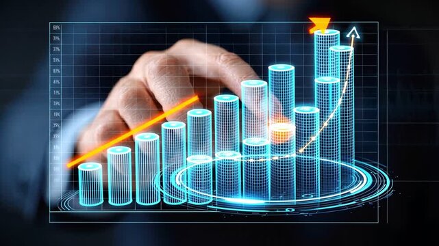 A hand reaching out to interact with a digital graph, symbolizing growth and progress in business analytics and technology