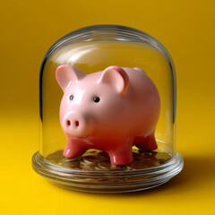 Pink piggy bank on gold coin pile under glass dome on yellow background, symbolizing secure savings and financial protection with bright and optimistic tone
