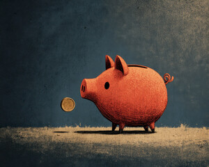 Textured illustration of red piggy bank with coin floating nearby on dark blue and beige background, symbolizing saving money and financial growth