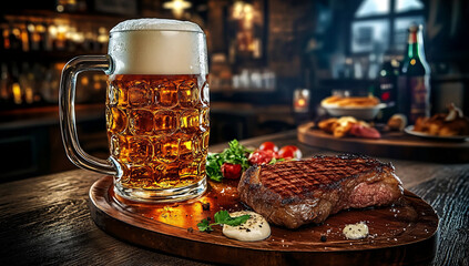  large glass of beer and a steak on a wooden plate in a bar, with a beautiful background and interior
