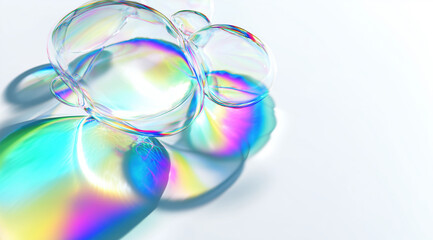 Colorful soap bubbles reflect light in vibrant display of hues on smooth white surface, creating playful and whimsical atmosphere. bubbles exhibit range of colors, enhancing their visual appeal