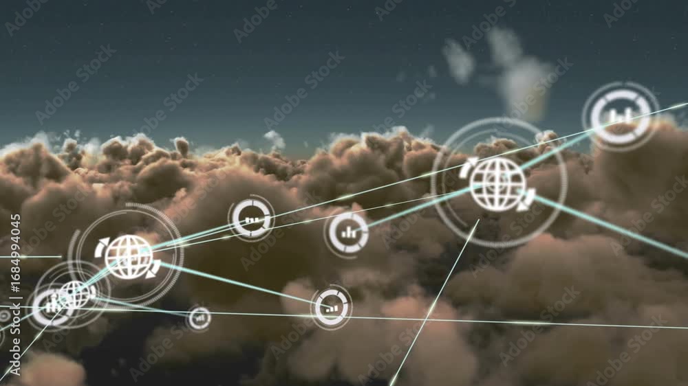 Poster animation of network of connections with icons over sky with clouds