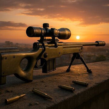 &ldquo;AWM sniper rifle in PUBG, resting on a rooftop with a sunset in the background, photorealistic detail