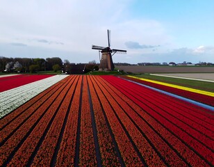 Colorful tulip fields with a classic windmill