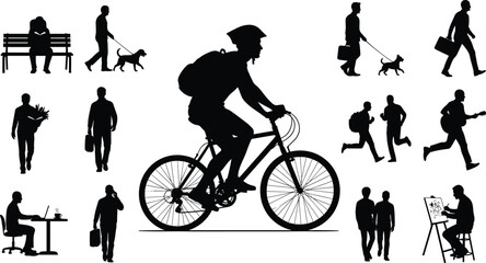 Man riding bicycle, walking, jogging, reading, painting, working, daily activities, lifestyle, exercise, business commute, music, outdoor routine silhouette