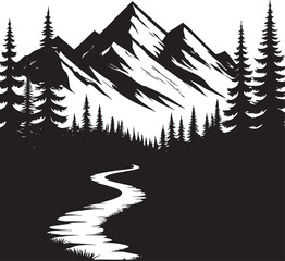 Fototapeta premium Majestic Mountain Peaks and Serene River Landscape Black and White Illustration Ideal for Outdoor Enthusiasts
