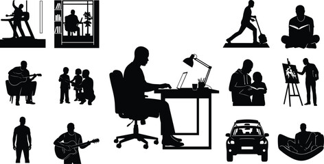 Man silhouette activities, working on laptop, reading book, playing guitar, painting art, exercising, family time, driving car, relaxing lifestyle