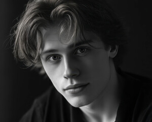 Young man portrait with soft natural light, casual hairstyle, and thoughtful expression in black and white photography, highlighting smooth skin texture and relaxed mood