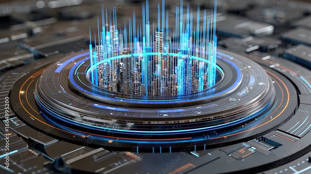 Poster futuristic technology concept featuring a digital landscape emerging from a circular interface. the 