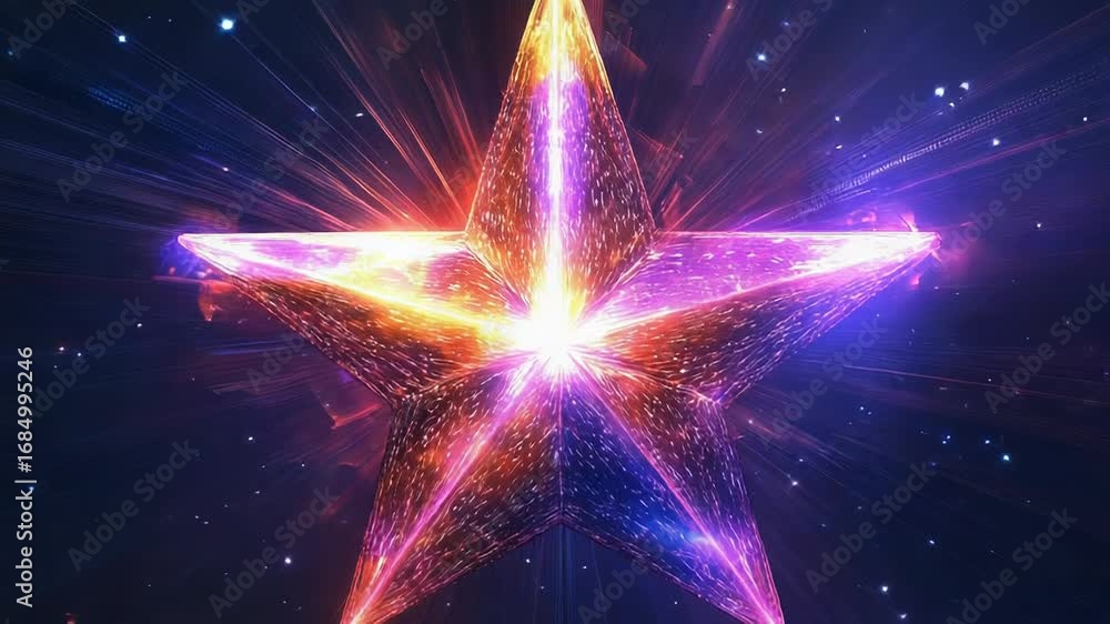 Poster glowing star shining in the deep space with particles and light rays