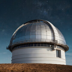 Obraz premium A modern observatory dome, its metallic structure gleaming under a starlit night sky, symbolizing a beacon of scientific exploration and discovery.