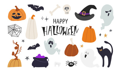 set of halloween elements on transparent background 