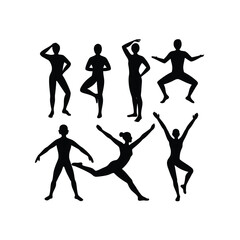 Collection of Eight Diverse Female and Male Silhouettes in Various Yoga and Dance Poses:  Black and White Vector Illustrations