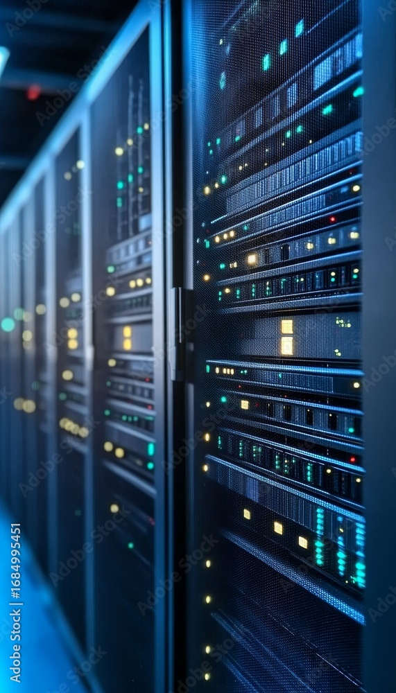 Poster advanced data center infrastructure with illuminated server racks and high-tech equipment in action
