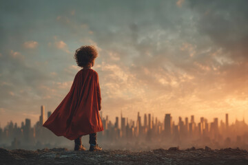Child wearing red cape stands on rocky ground looking at city skyline during dramatic sunset, evoking sense of heroism and wonder in glowing light