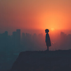 Child silhouette sunset cityscape hero cape standing proudly on hilltop with warm orange sky and distant buildings in background