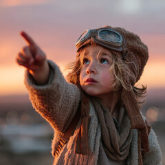 Child pointing horizon wearing aviator hat and goggles at sunset with warm light and dreamy expression