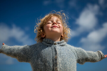 Child sweater sky clouds happiness curly hair smiling outdoors blue sky joy