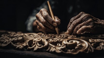 Expert hands meticulously carve intricate details into a wooden surface.
