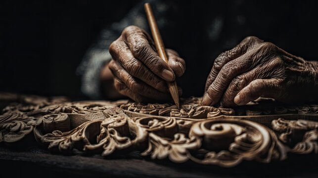 Expert hands meticulously carve intricate details into a wooden surface.