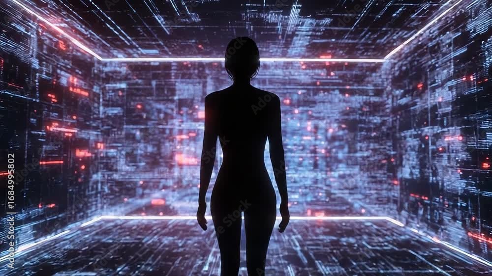 Poster woman walking into futuristic cyberspace showing programming code and data flow