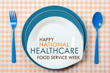 Happy national healthcare food service week celebration with plate fork and spoon