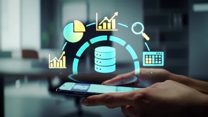 Hands holding a smartphone with holographic data analysis icons floating above, representing digital business intelligence and information management. - Powered by Adobe