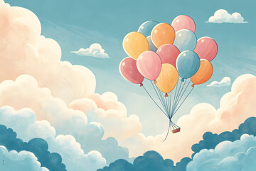 Fototapeta premium Colorful balloons floating serenely in a pastel sky filled with soft clouds