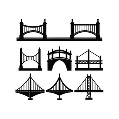 Obraz premium Collection of Nine Black and White Bridge Silhouettes: Arch, Suspension, and Truss Bridge Designs.