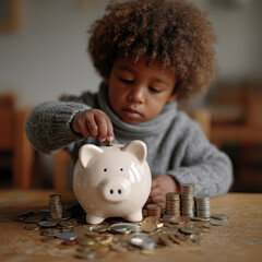 Child piggy bank coin saving money finance toddler curly hair indoor focused young currency investment cash ceramic table casual home education learning childhood small cute hands stacking coins