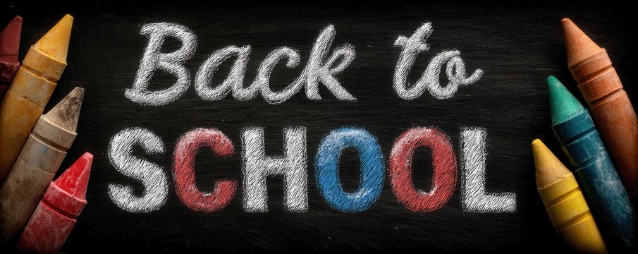 Back to school text with colorful crayons on chalkboard background - Powered by Adobe