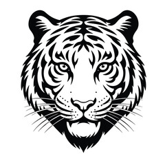 Black and white vector silhouette of tiger head with sharp outline details for wildlife, predator, and animal illustration