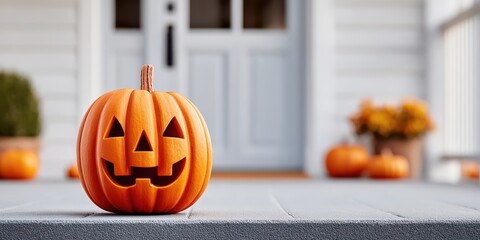 Smiling Carved Orange Pumpkin on a Gray Porch for Halloween