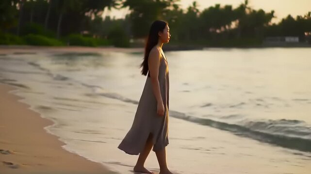 Woman walking beach sunset solitude. - Powered by Adobe