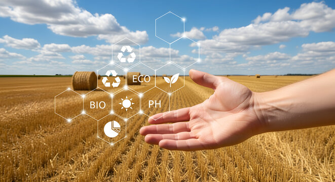 Hand Reaching Over Golden Wheat Field with Bales Under Bright Blue Sky and Recycling Symbol Overlay - Powered by Adobe