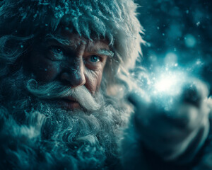 Magical elderly man with white beard and fur hat casting glowing light in snowy winter night, evoking festive Christmas fantasy and wonder