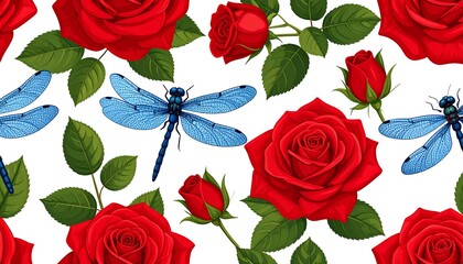 Fototapeta premium Seamless pattern of red roses and blue dragonflies on a white background. Detailed floral illustration