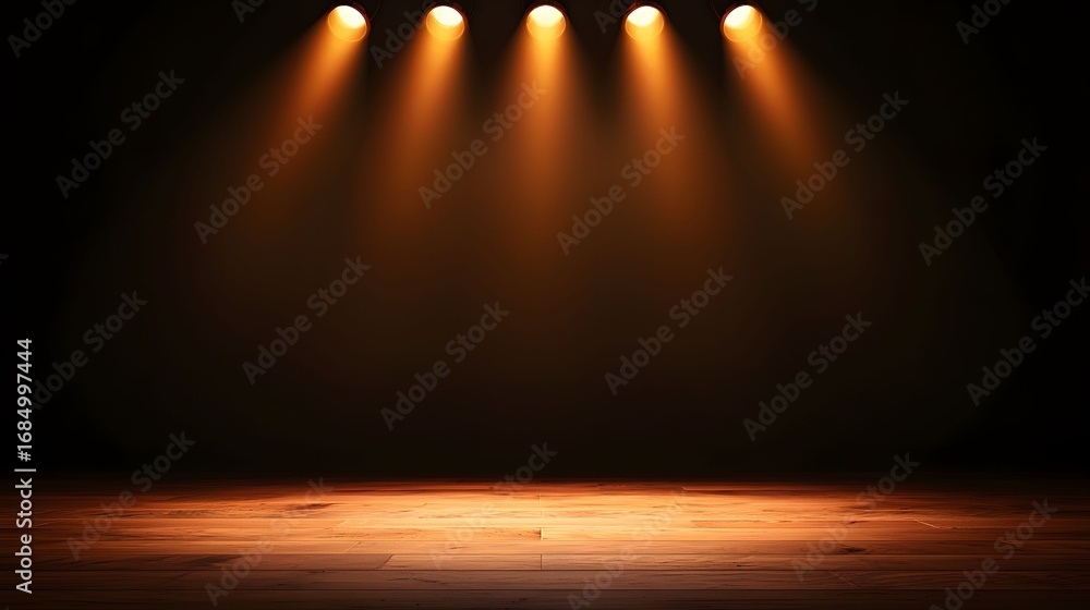 Poster the image depicts a stage with several spotlights shining on a wooden floor, creating a dramatic and