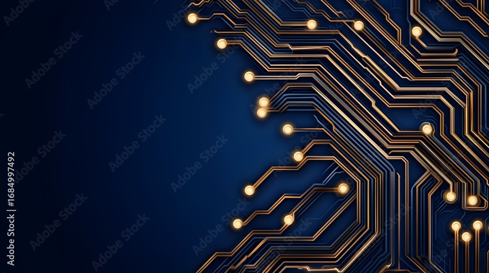 Fototapete the image shows a detailed, abstract rendering of a circuit board with luminous nodes against a cont