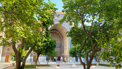 The courtyard of the Ulugbek Madrasah is one of the majestic architectural monuments of the...